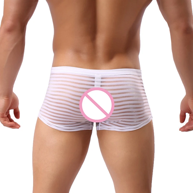 CLEVER-MENMODE Transparent Boxers Men Sexy Mesh Sheer Striped Underwear See Through Underpants Boxer Shorts Mesh Trunk Cuecas