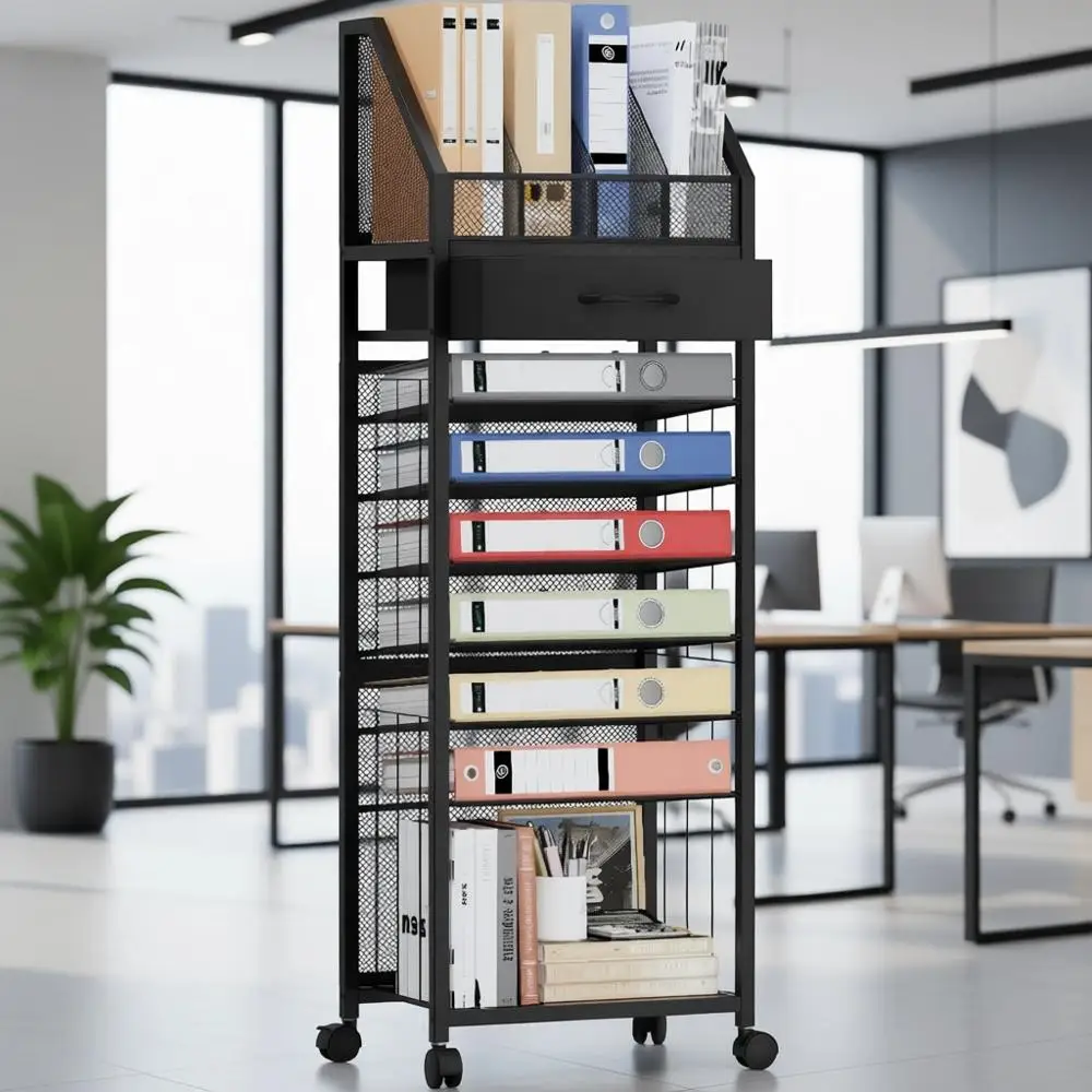 

9-уровневая передвижная тележка-органайзер для бумаг с ящиками и лотками, деревянный настольный офисный органайзер для хранения папок и организации рабочего пространства, для дома