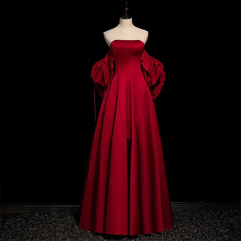 Red Off Shoulder Evening Dress Bow Empire Short Sleeves Boat Neck Floor-Length Elegant A-Line Burgundy Party Open Back Dresses