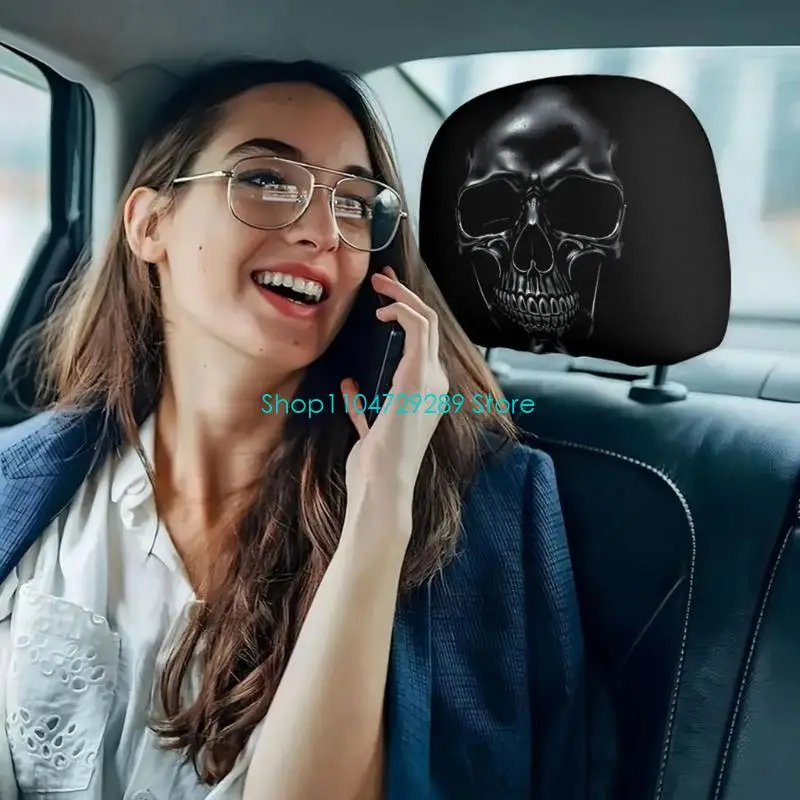 D8KE Car Headrest Sleeve Pair with Skull Pattern, Black Elastic Opening Polyester Covers for Drivers Seeking a Front Look in