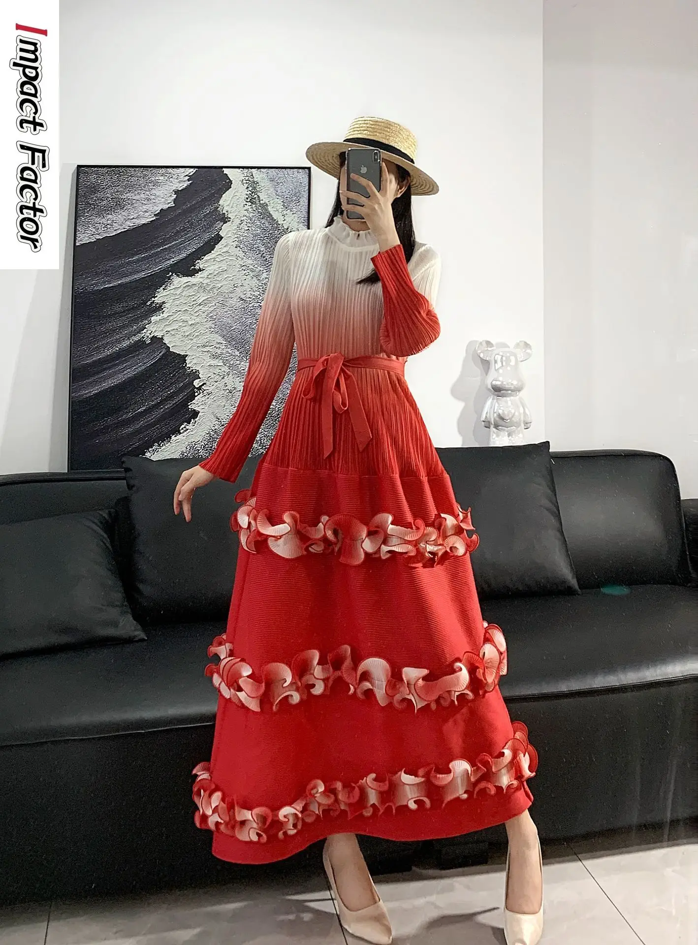 2024 Miyake Pleated Gradient Three-layer Lace Cake Skirt Elegant Dress Women Midlength Skirt Temperament Belted Vestidos