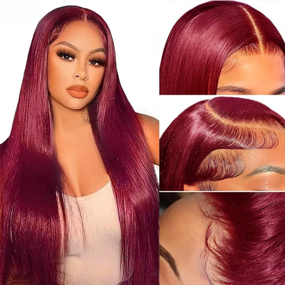 Prosta peruka 13x4 HD Lace Front 99J Burgundy Colored Transparent Pre Plucked 13x6 Lace Frontal Human Hair Wigs For Women 34Inch