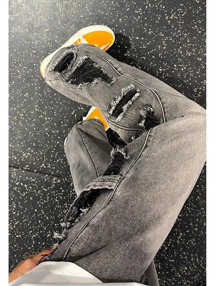 Washed Vintage American High Street Men's Jeans Heavy Duty Hole Beggar Pants Straight Leg Micro Flared Trousers