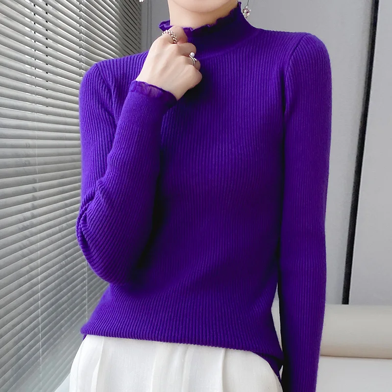 Autumn Winter Mock Neck Cashmere Sweater Women Solid Knitted Casual Slim Pullover Fashion Cashmere Simple Chic Jumpers