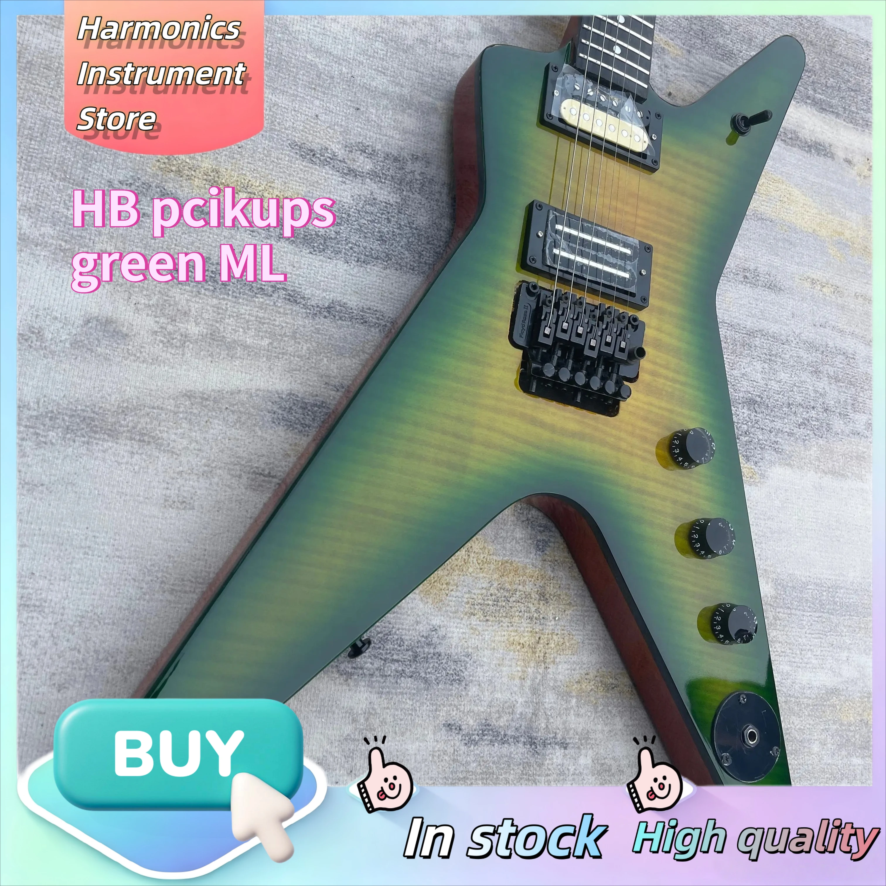 Dean ML Swallowtail V Guitar, Passive Duncan Humbuckers electric guitar, Green Yellow Flame Gradient Metal Shred Guitar