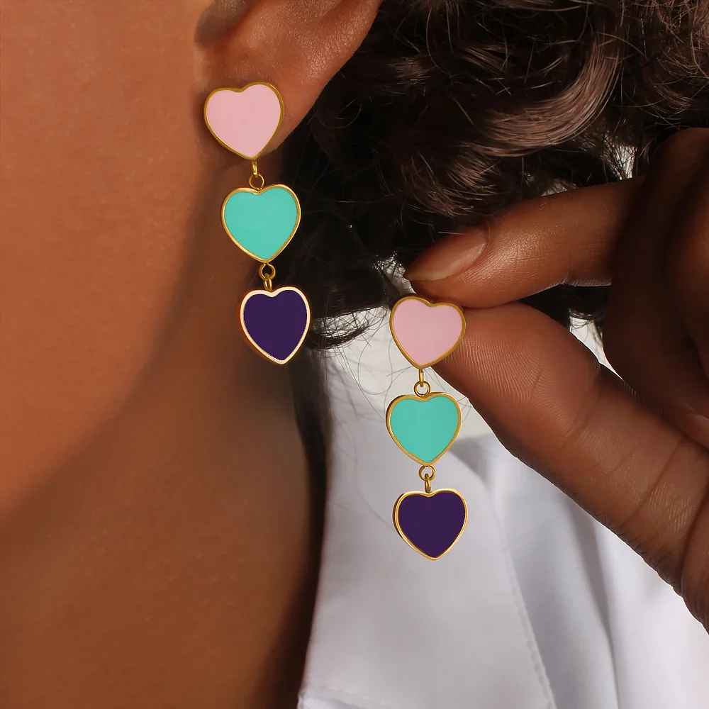 DIY accessories Fashion contrasting color love dripping earrings sweet girl three peach heart flow Su color matching stainless s