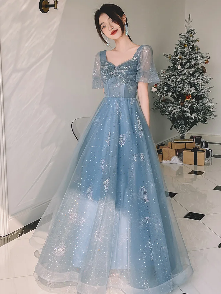 Blue Happy New Year Annual Party Evening Dress New French Fashion Birthday Banquet Dresses Women's Square Neck Style Dress