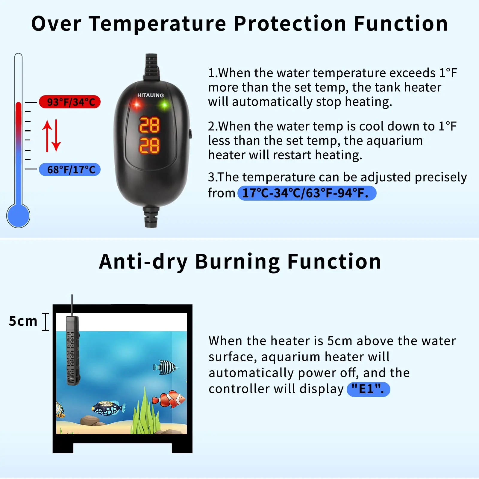 Aquarium Heater Submersible Fish Tank Heater with Over-Temperature Protection Automatic Power-Off Constant Temperature Control