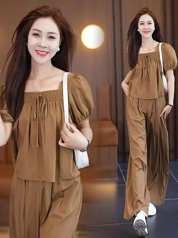 Faionable été minceur grande taille ensemble pour femmes col carré pantalon à jambes larges deux pièces Suite coréenne Sle taille haute Polye...