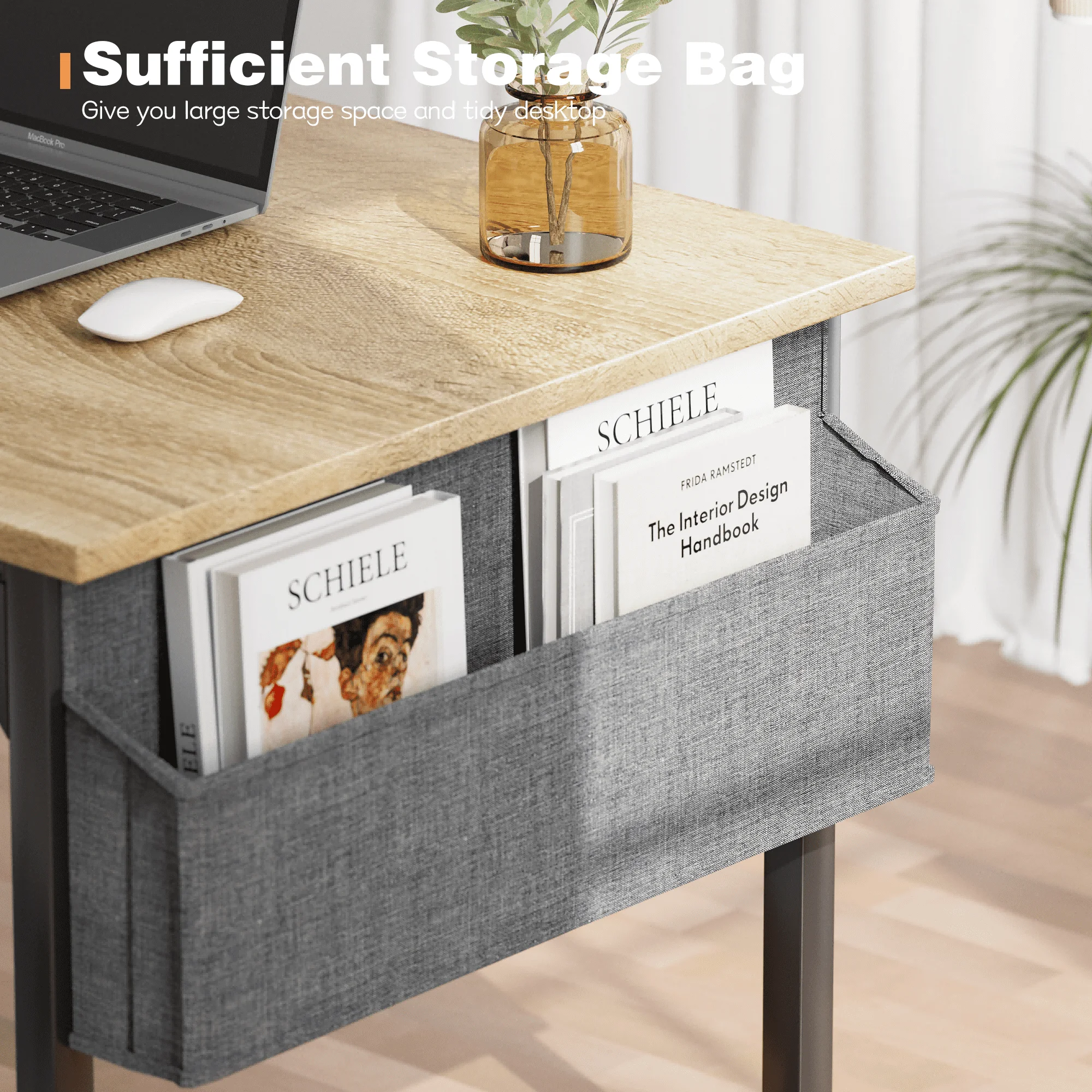 Computer Desk 40 Inch Small Office Desk Modern Writing Desk with Storage Bag Work Study Table with Headphone Hook, Oak