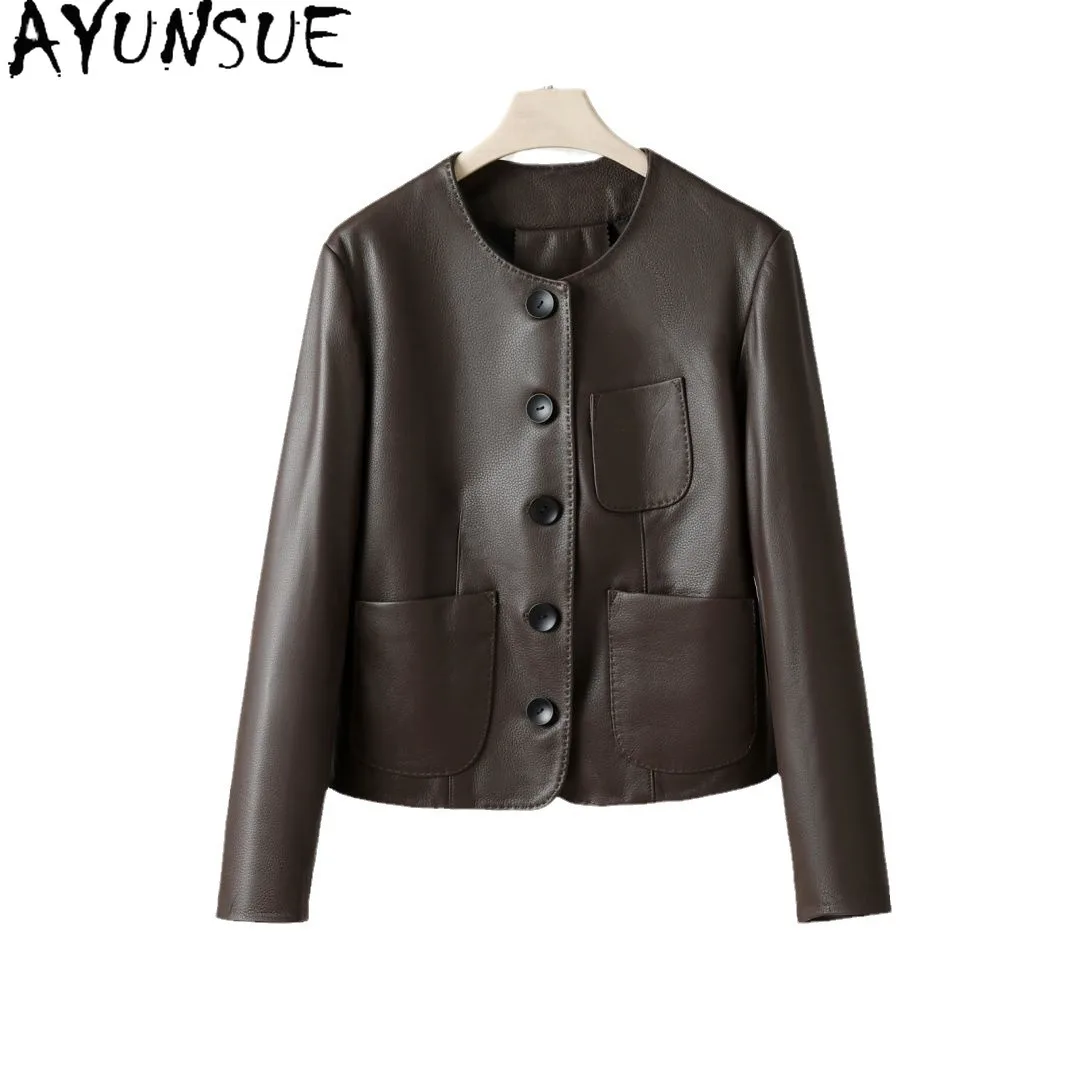 AYUNSUE 여성을위한 하이 엔드 정품 가죽 자켓 2025 진짜 염소 가죽 여성 자켓 봄 가을 옷 o-넥 Jaqueta Couro