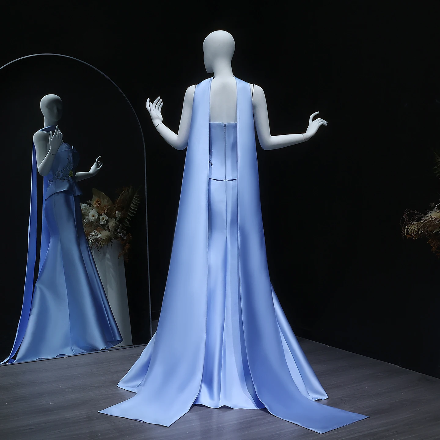 شارون سعيد فستان سهرة بدون حمالات أزرق دبي ثلاثي الأبعاد على شكل زهرة مع وشاح حورية البحر للنساء فستان حفلات الزفاف SS245 مخصص