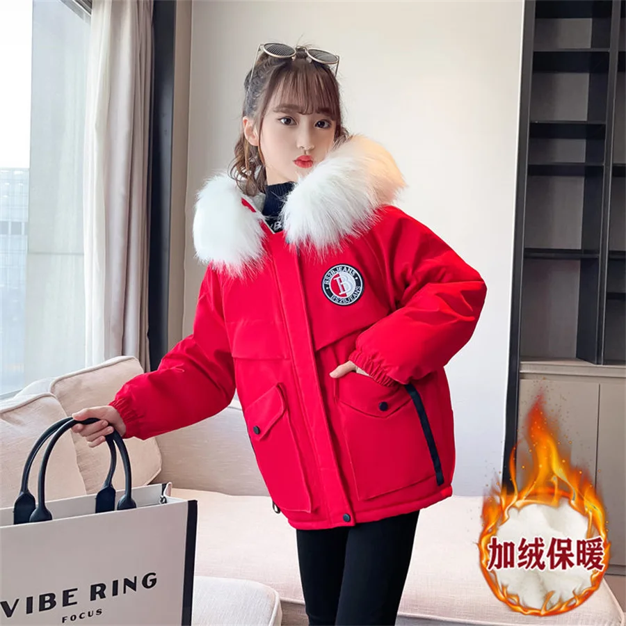 5-14 Years Teen Girls Winter Jacket Plus Velvet Warm Kids Windbreaker Coat For Girls Fur Collar Hooded Parkas Children Outerwear