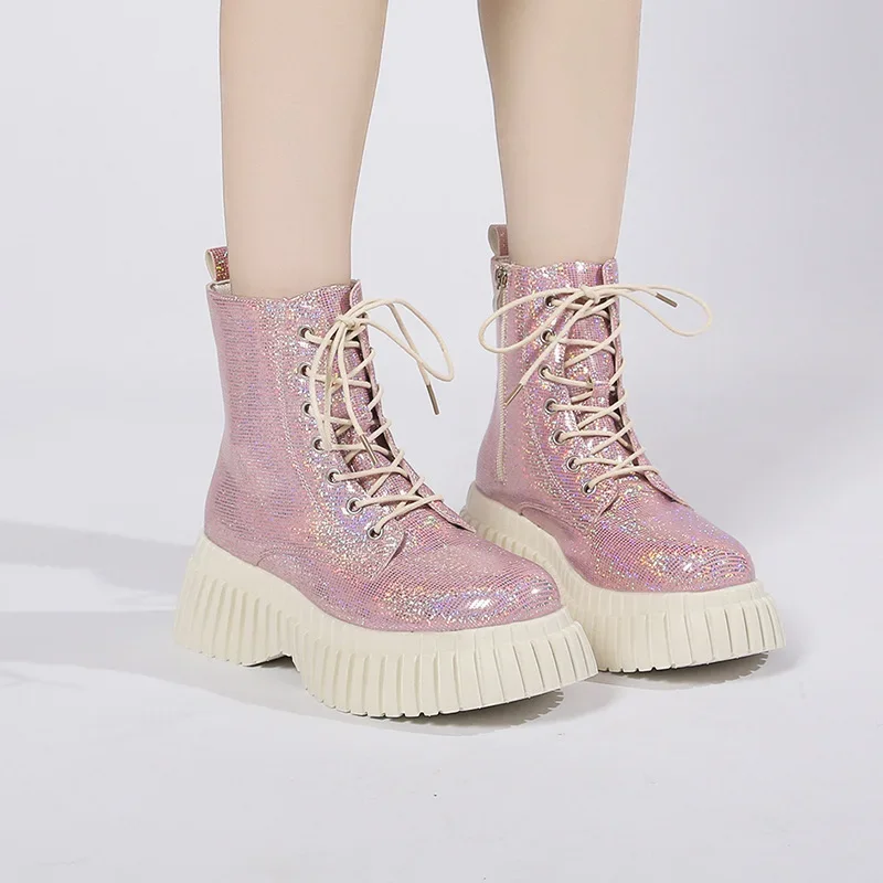 Korean Fashion Sparkling Sequin Lace Up Boots Wedge Thick Soled Shoes Autumn Winter Woman Warm Platforms Ankle Boots