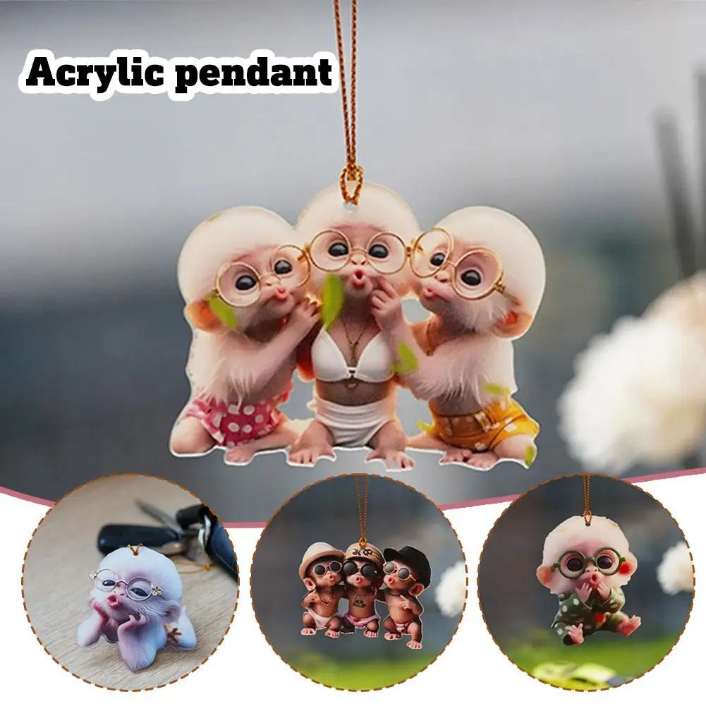 2d em forma de macaco pingente de carro pendurado ornamento com corrente pendurado animal carro acessórios realistas decoração interior espelho rea o6