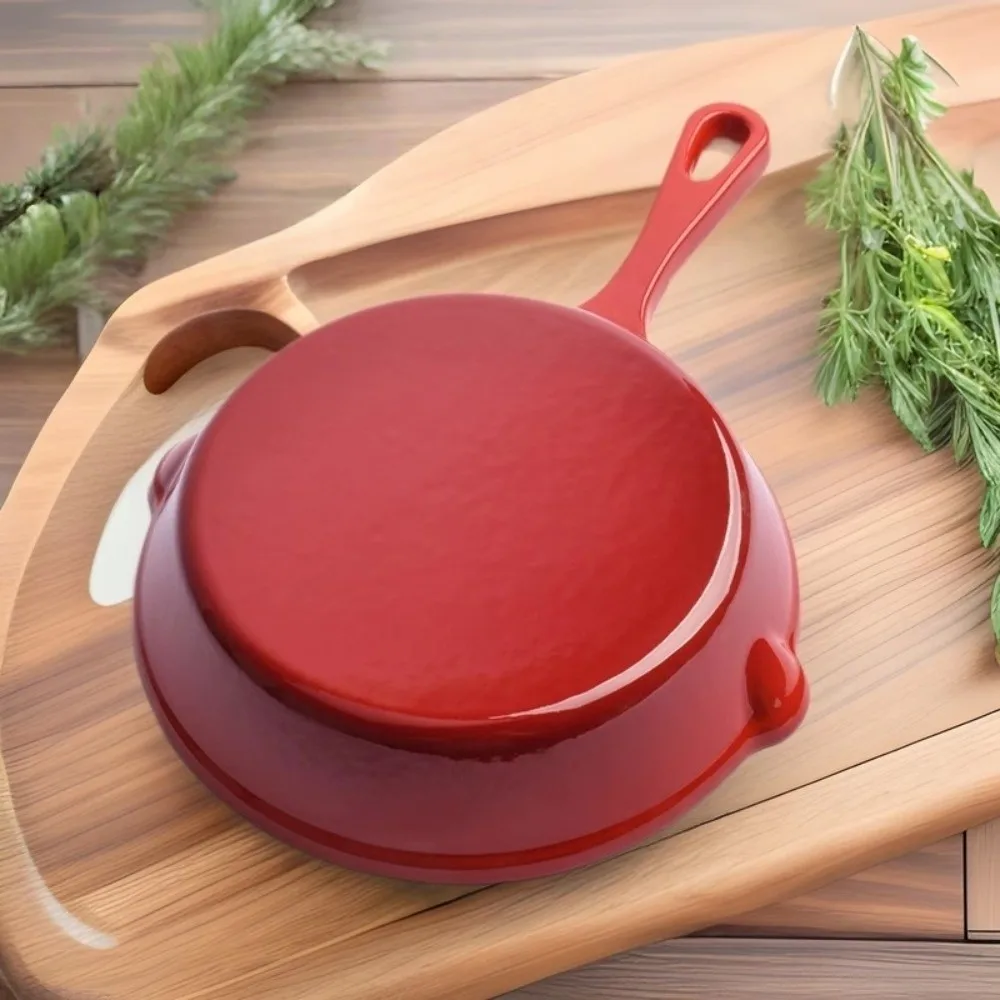 

Non-stick Enameled Cast Iron Dutch Oven Flat Bottomed Universal Frying Pan Round Red Omelette Pan Kitchen Cookware