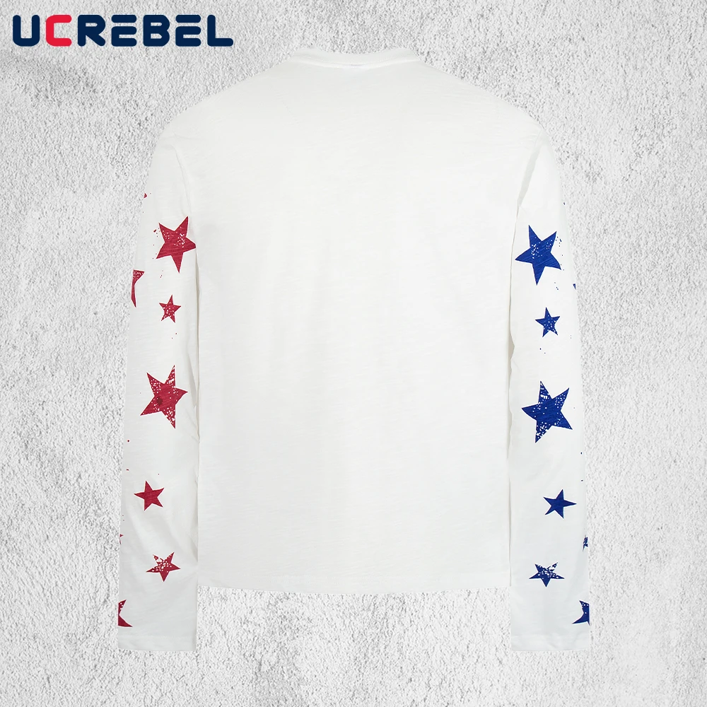 Guitar Print T-shirt Mens Autumn Stars Long Sleeve Loose Casual Cotton Crew Neck Tee Man