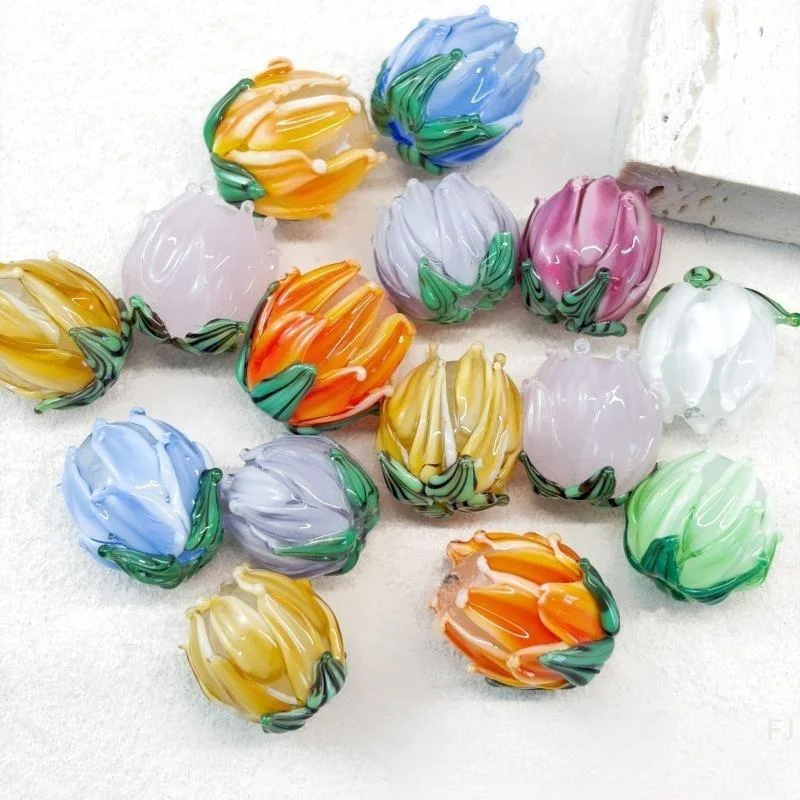 2Pcs Hand Painted Lampwork Glass Flower Bud Beads Vintage Tulip Loose Beads For DIY Bracelet Necklace Phone Chain Jewelry Makin