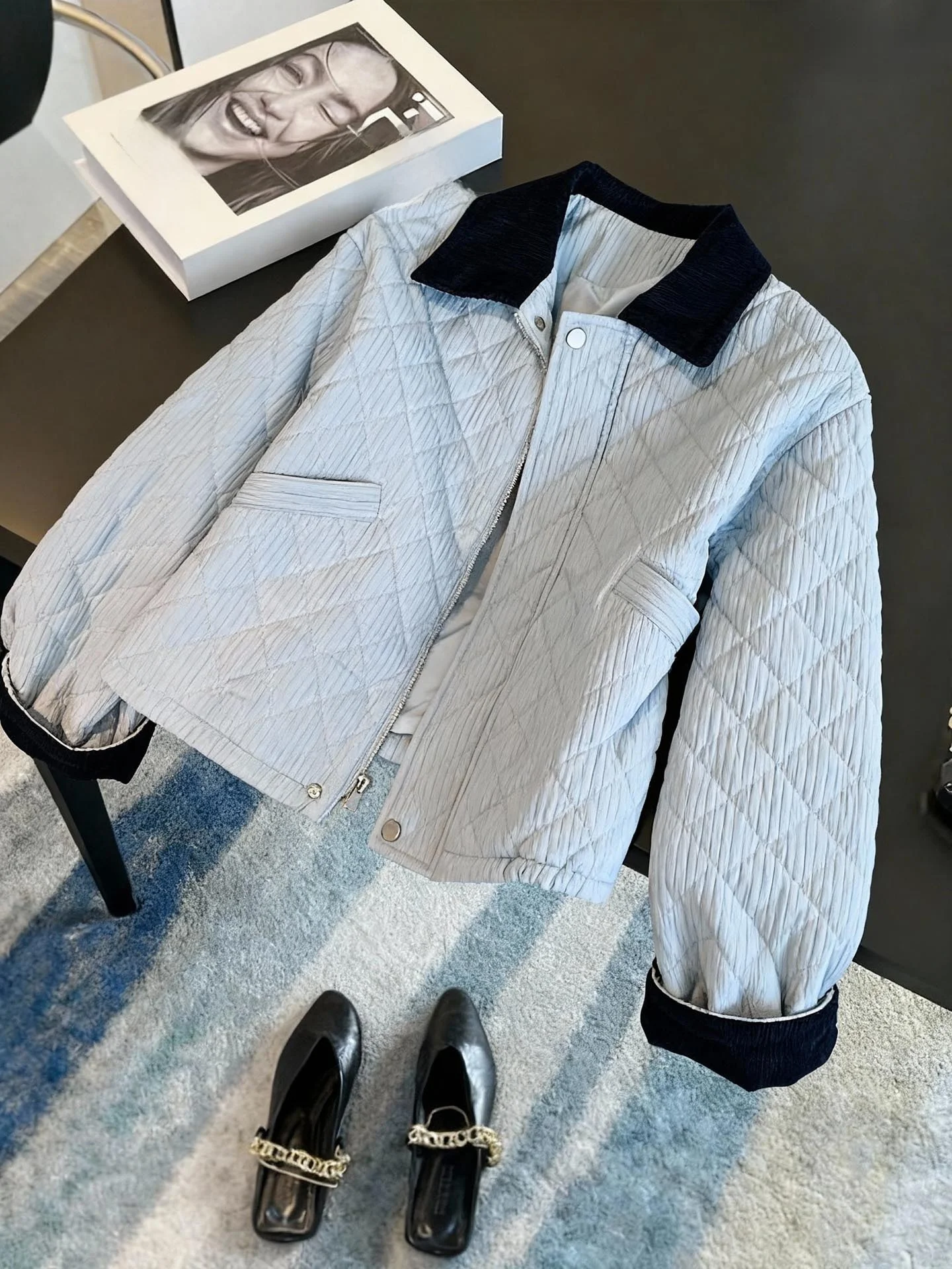 

Корейская теплая хлопковая куртка для мужчин с контрастным воротником и ромбовидным узором, осенне-зимняя верхняя одежда