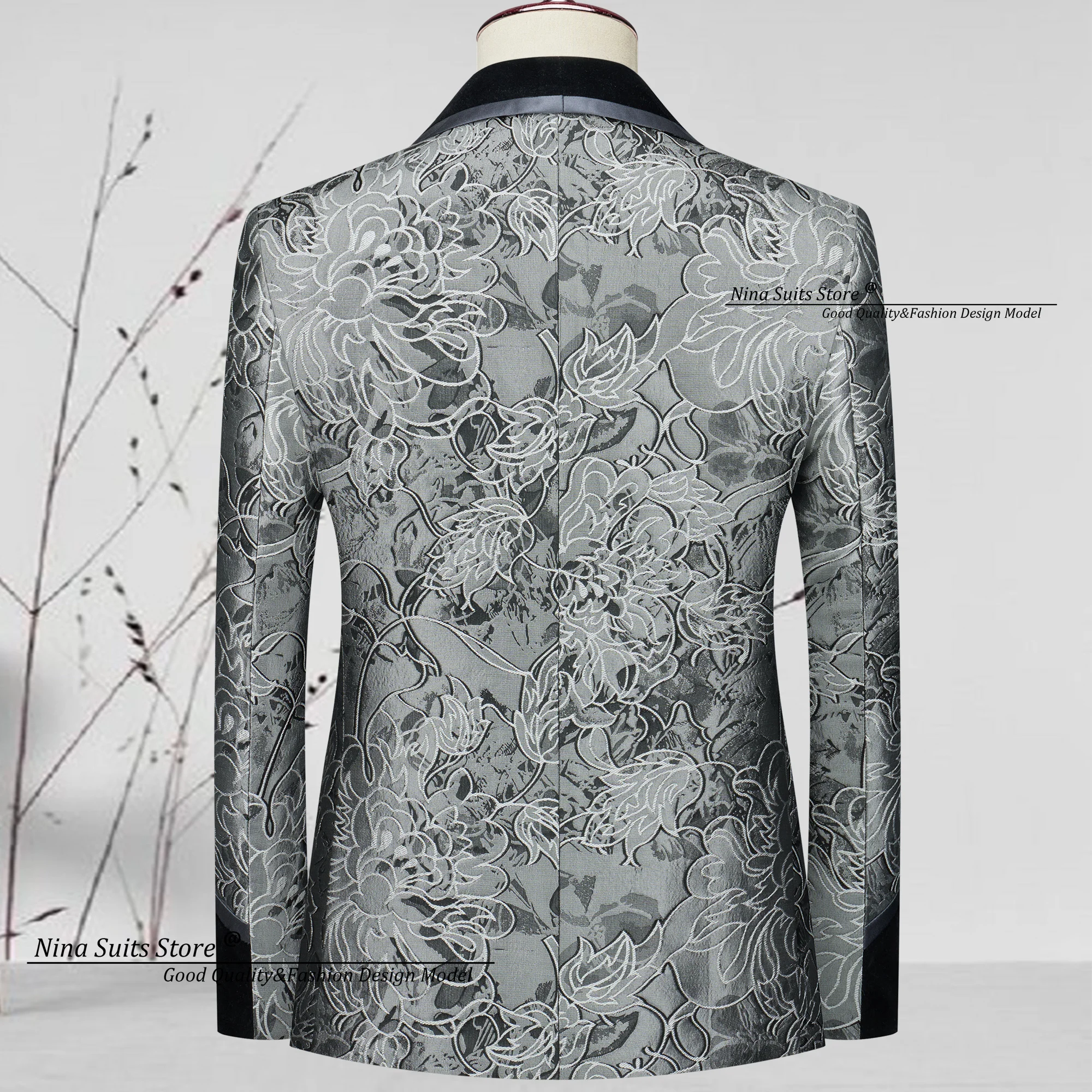 Nina Store Luxury Jacquard Suit Silver with Black Velvet Splicing 2025 High Quality Customized Men's 3-Piece Set Charming Tuxedo