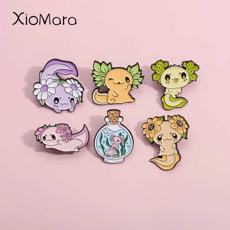 Épingles en émail de fleur de salamandre, broche de tournesol de lys quantique d'amphibiens, insignes de revers, cadeau de bijoux de crème marine mignon personnalisé