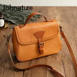 Johnature Retro Genuine Leather Women Messenger Bag Simple Solid Color Natural Soft Cowhide Versatile Shoulder & Crossbody Bags