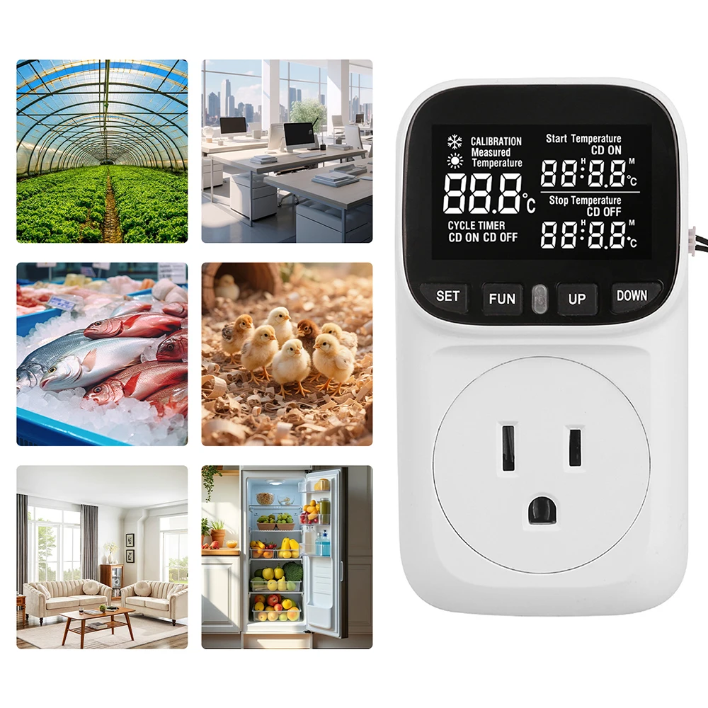 AC 110V Temperature Controller Outlet 15A US Plug Thermostat Socket with Probe -40~120℃ for Refrigerator Incubator Greenhouse