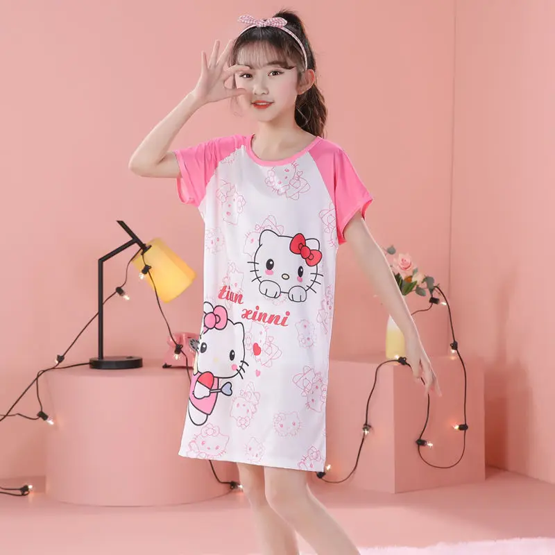 Hello Kitty Sanrio Children's Nightdress Girls Cartoon Kuromi My Melody Pajamas Girl Nightgown ShortSleeve Kids Nighty Dress