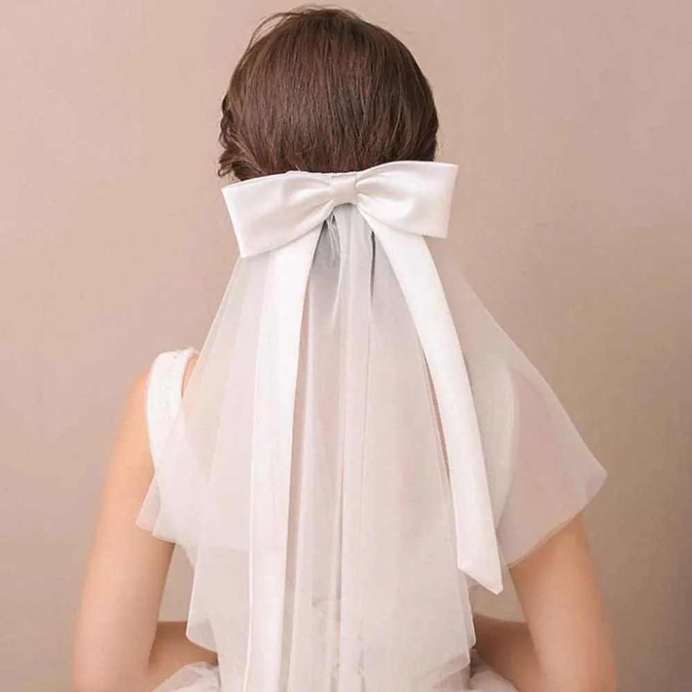 

Premium Shawl Long Satin Bow Veil Romantic Soft Tulle Bride's White Headgear Soft Handmade Bridal Headdress Women