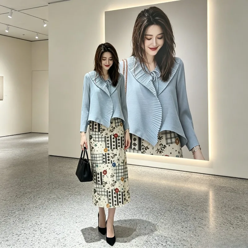 Miyake Pleated 2026 New Summer Blue Top Printed Skirt Women's Summer Two-Piece Set Age-Reducing Outfit Summer Garden Style Pleat