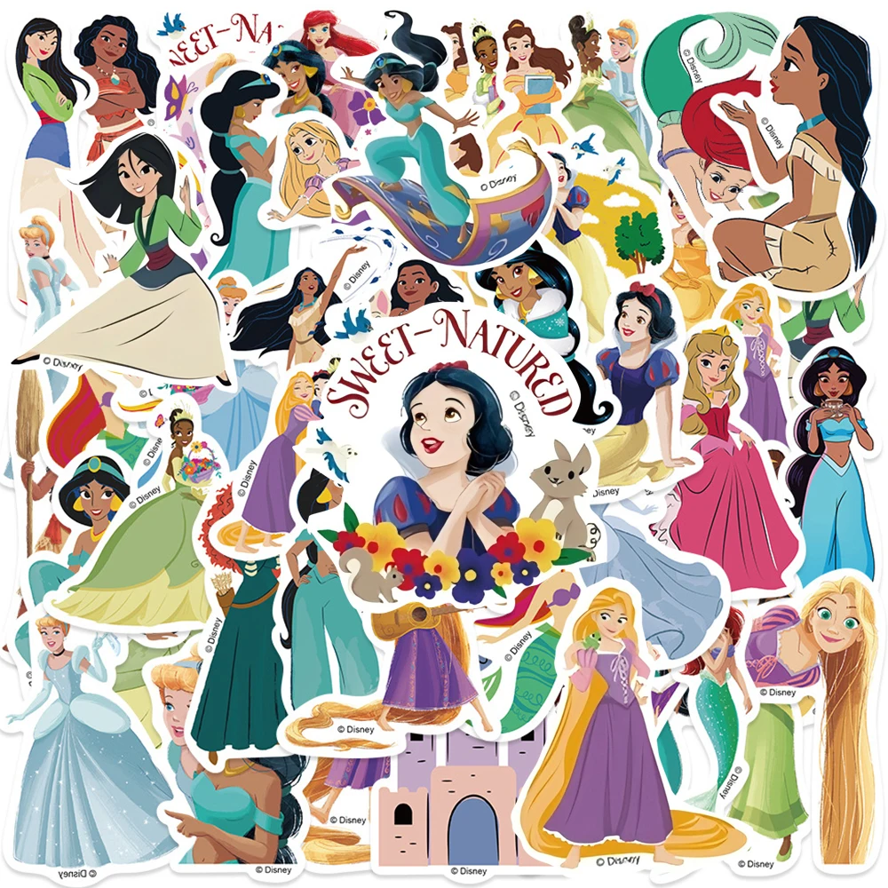 50pcs Disney Mix Cartoon Princess Graffiti Stickers Cute Snow White Aurora Decals for Skateboard Phone Helmet Anime Sticker Gift