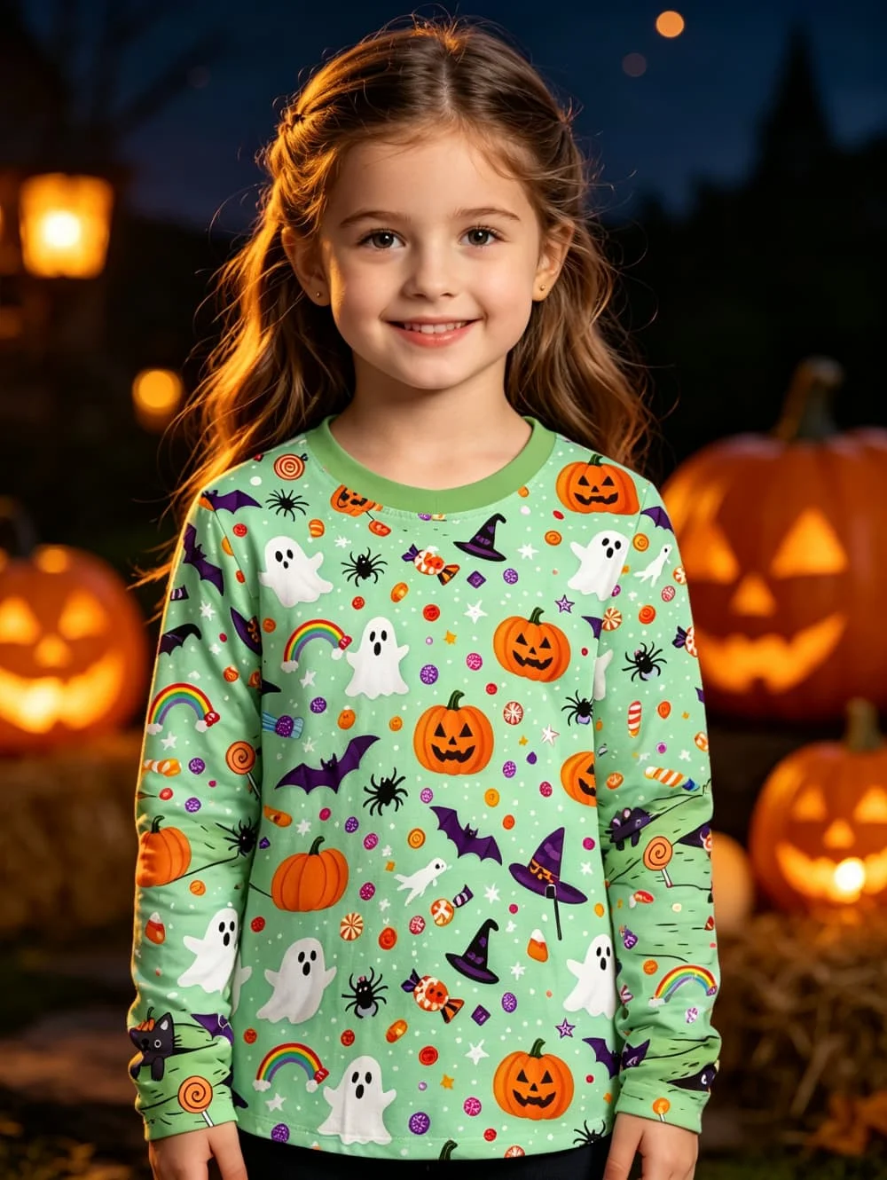 Halloween Skull Pumpkin Print Girl's T-Shirt Pullover Autumn Casual Long Sleeve Top Round Neck Holiday Party Children's Clothing