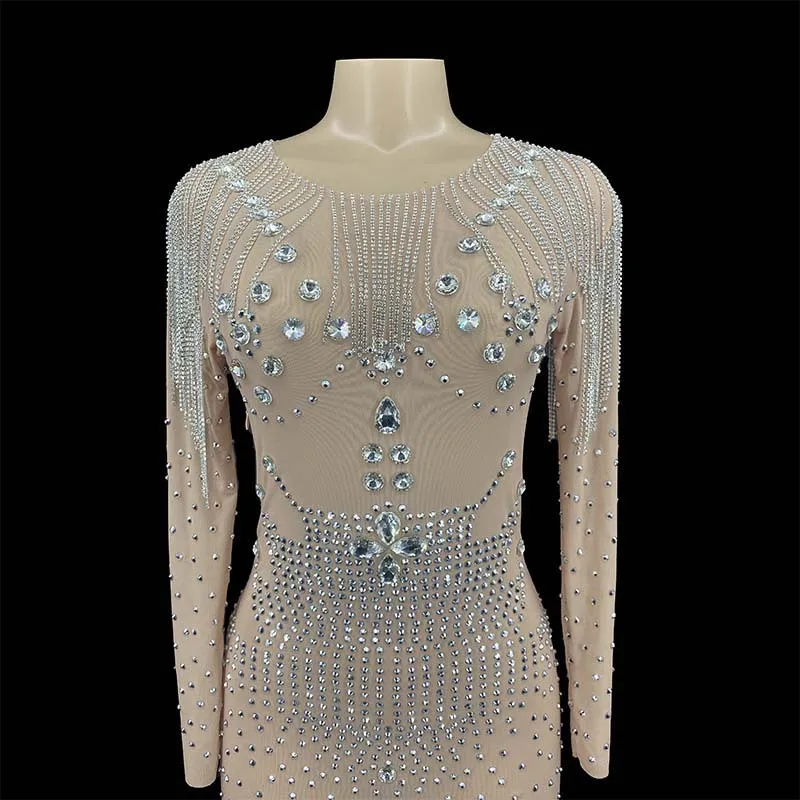 Robe moulante en fibre de plumes personnalisée, dentelle striée, paillettes à haute élasticité, robe sexy pour fête d'anniversaire, robe de performance, 2023