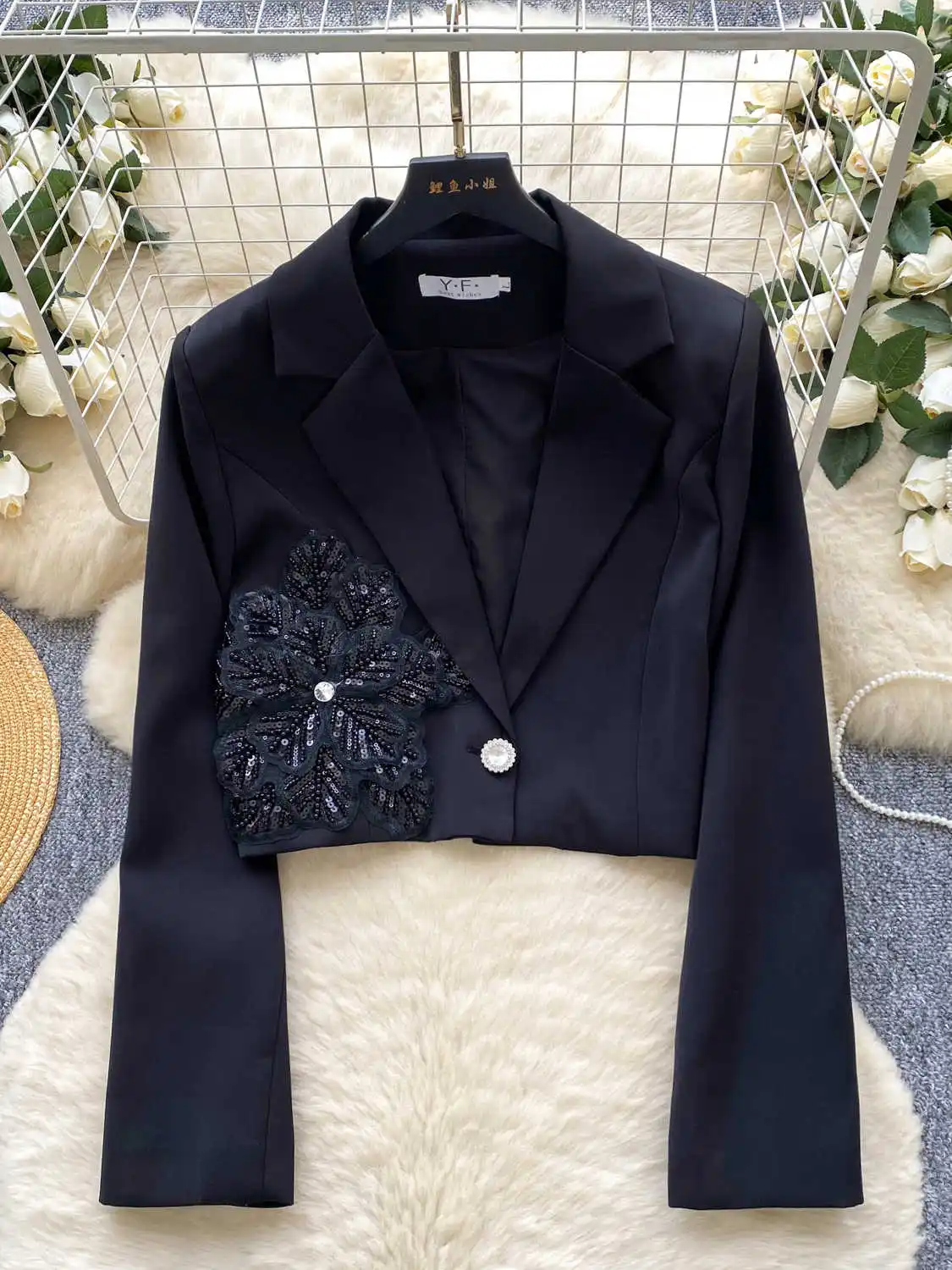 Women White Sequins Fitted Cropped Blazer Jacket Harajuku 2000s Long Sleeve Suit Coat Vintage Outerwear Top Clothes Autumn 2025