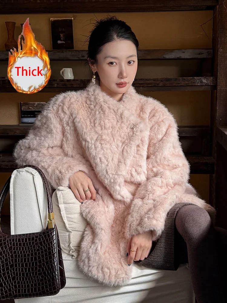 Cute Pink Faux Rabbit Coat Women Elegant Sweet Long Sleeve Thick Warm Jacket Winter Vintage Faux Fur High Quality Outwear Tops
