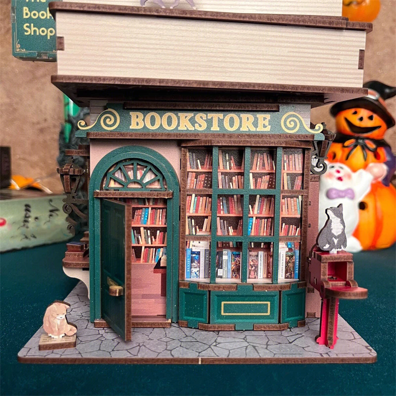 DIY Wooden Book Store Storage Box Model Building Kits City Street View 3D Puzzle Handmade Toys for Friends Gifts Desk Decoration