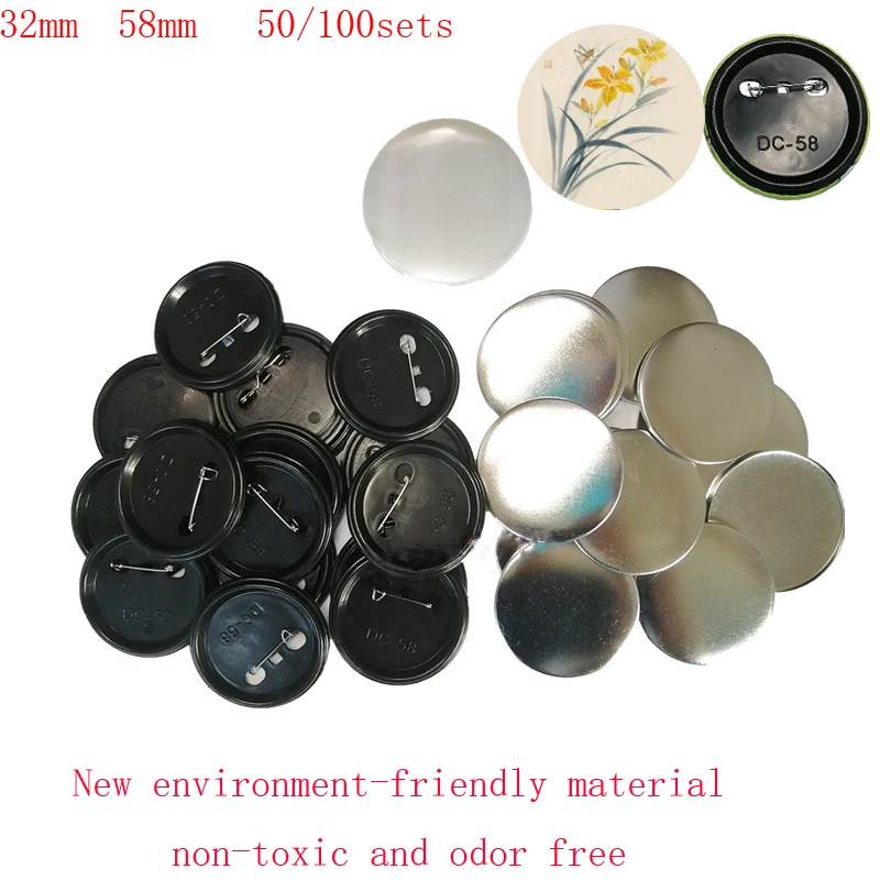 50/100 düğmeler rozet makinesi siyah plastik alt yeni malzeme parçaları metal düğme pin boş set üreticisi DIY 32mm 58mm