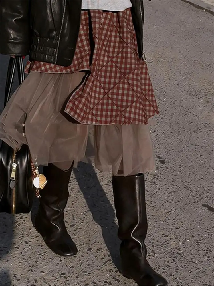 

Ретро-юбка А-силуэта с высокой талией, имитация меха, ромбовидный узор, микроэластичная, для повседневной носки