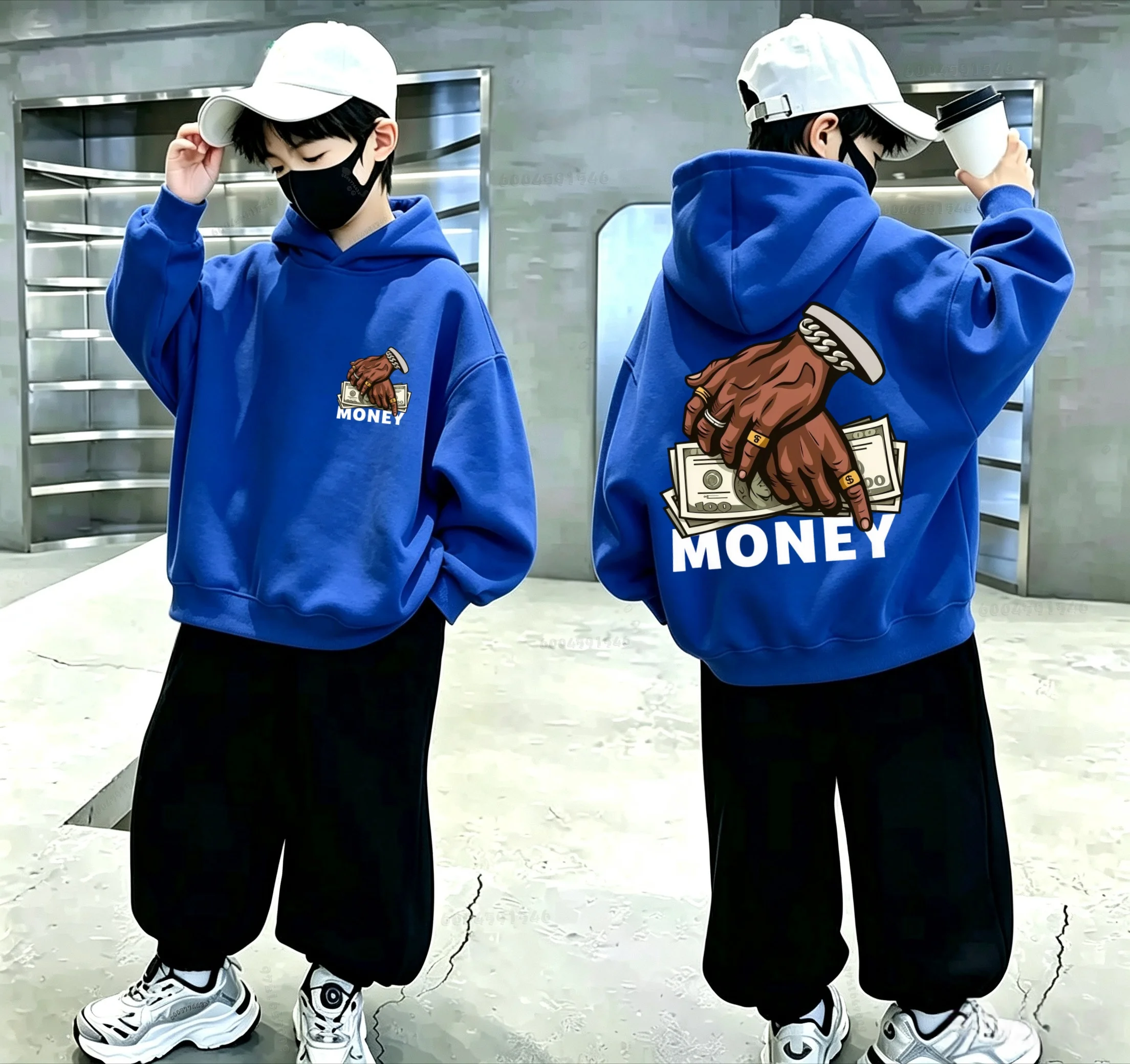 Retro Cool Dollar Hand-painted Pattern Printed Children's Hooded Sweatshirt - Rap Street Boys and Girls Casual Hooded Top