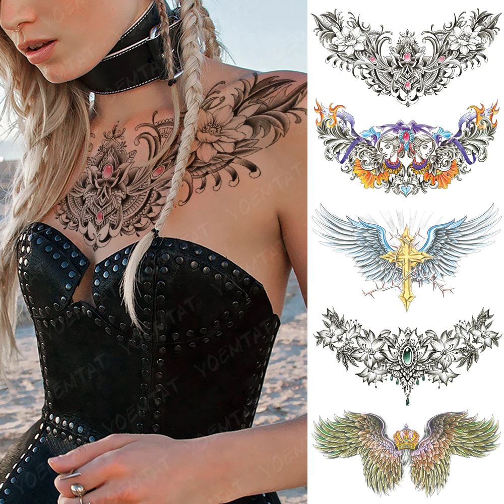 

Colorful Henna Flower Large Chest Tattoo For Women Sexy Waterproof Temporary Tatoo Sticker Waist Art Designs Men Fake Tattoos