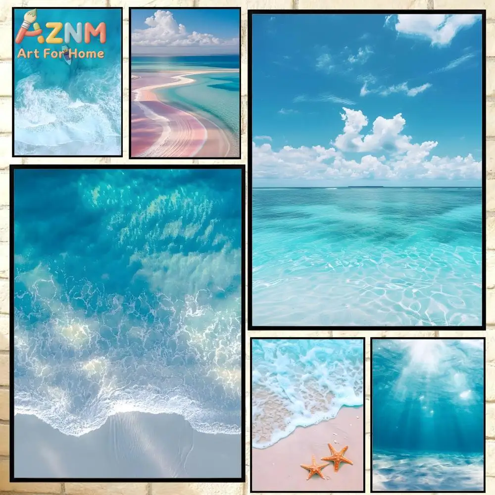 AZNM Aerial Turquoise Ocean Beach Canvas Print Clear Sea Wave Pink Sand Starfish Sky Cloud Scenery Unframed Canvas Wall Art Coas