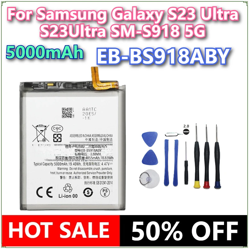 

Brand New EB-BS918ABY 5000mAh Replacement Phone Battery For Samsung Galaxy S23 Ultra S23Ultra SM-S918 5G Phone Batteries +Tools