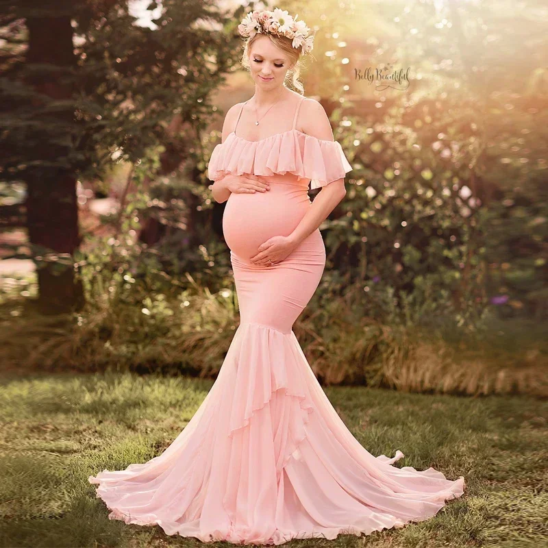 

Mermaid Maternity Dresses For Photo Shoot Pregnant Women Ruffles Pregnancy Dress Photography Props Off Shoulder Maxi Maternity