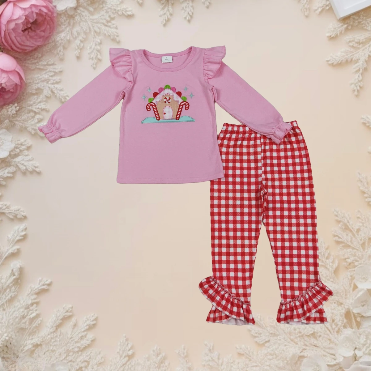 

Christmas Embroidered Outfit Toddler Girl Clothes Candy Long Sleeve Top and Plaid Pants Set Cute Holiday Ruffle Outfit for Kids