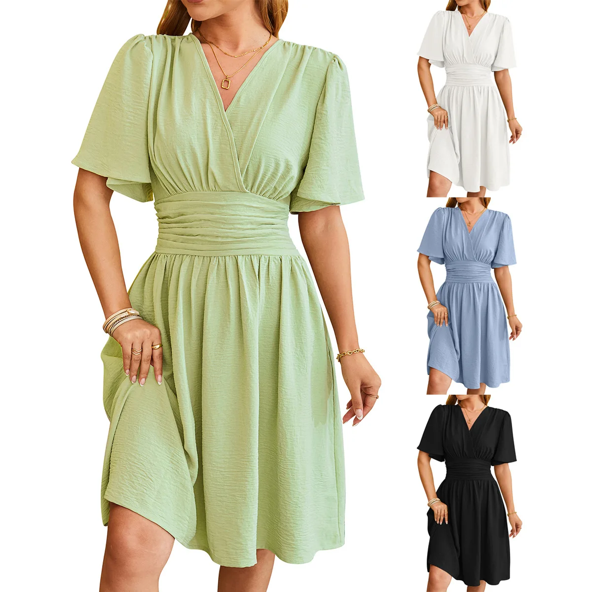 

2024 Spring Summer New V-neck Flared Sleeve Fashion Dress Women's Clothing Female Dresses