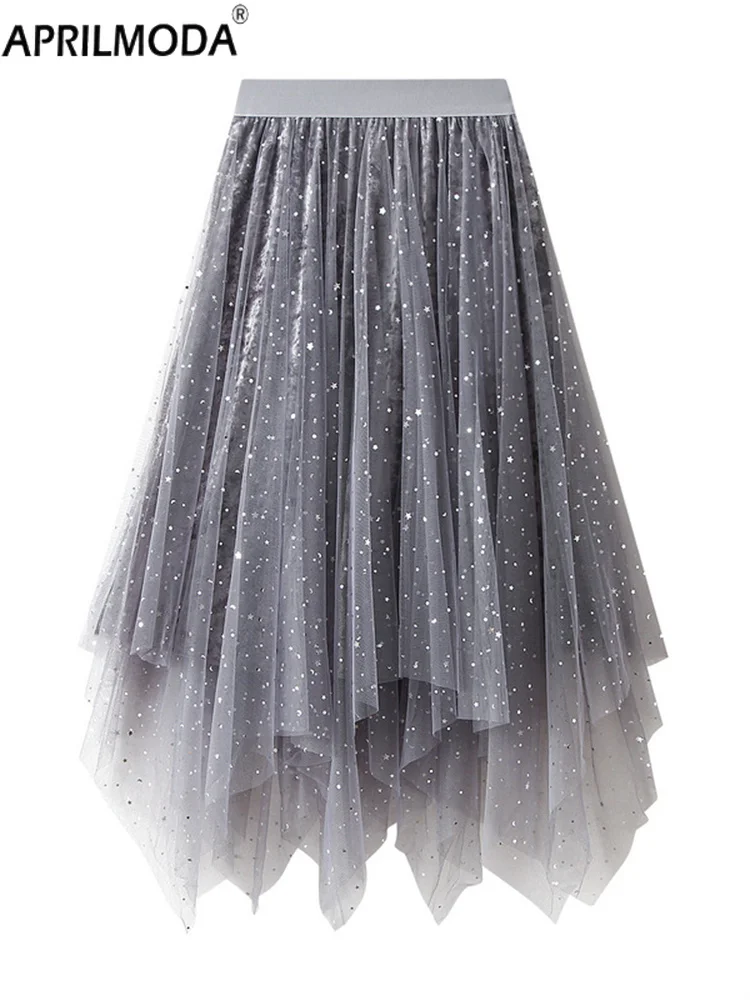 

Ball Gown Mesh Irregular Hem Ruffle Autumn Midi Long Skirt Elastic High Waist Korean Star Velvet Vintage Casual Dance Skirts