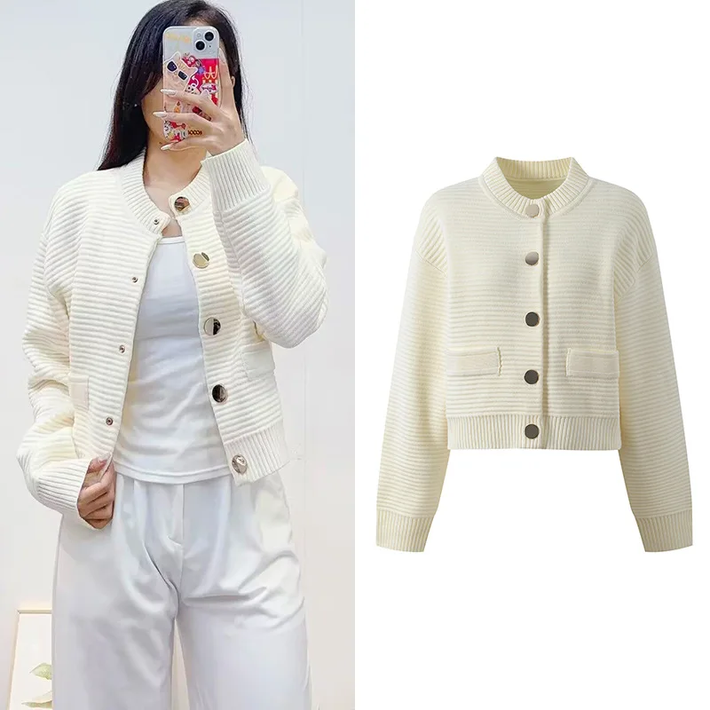 

Faionable White Striped Knitted Open Cardigan round Ne Soft Sle Versatile Top Coat for Women Commute Sle Autumn 2025