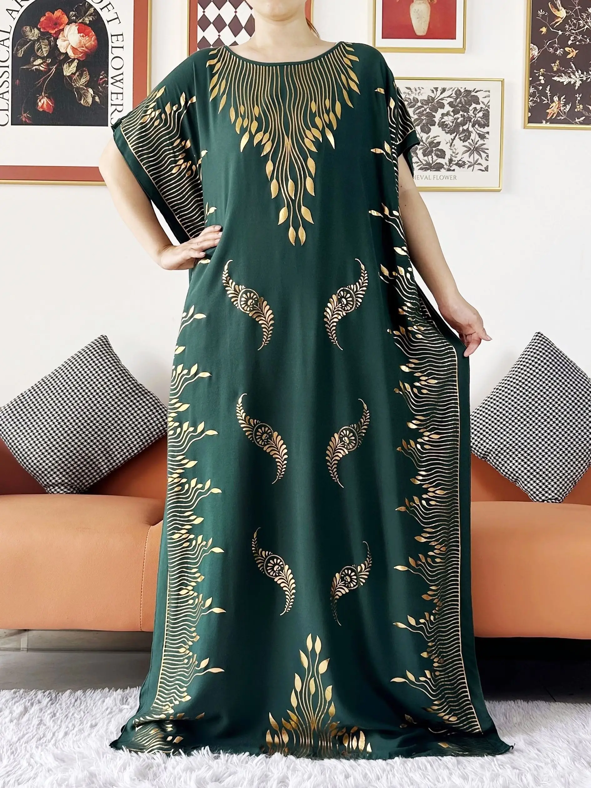 2024 Summer Short Sleeve Cotton Abaya Gold Stamping Boubou Max Islam Women Party Dress with Big Scarf African Muslim Femme Dress