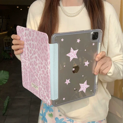 Imagen 2 del producto Nueva funda para iPad con estampado de leopardo y estrellas rosas, para iPad 11 Air 7 6 5 10 10,2”, 10,9”, Mini 7, bonita funda plegable en Y a prueba de golpes con ranura para lápiz