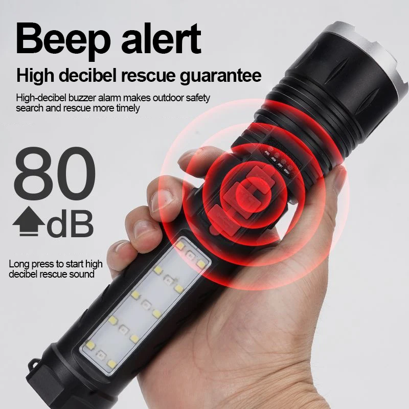 Powerful Led Flashlight Outdoor Ultra-Bright COB Rechargeable White Laser Torch Multi-Function Emergency Buzz Power Bank Lantern